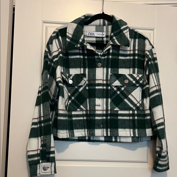 Zara Women's Forest Green Plaid Jean Jacket - Picture 1 of 6